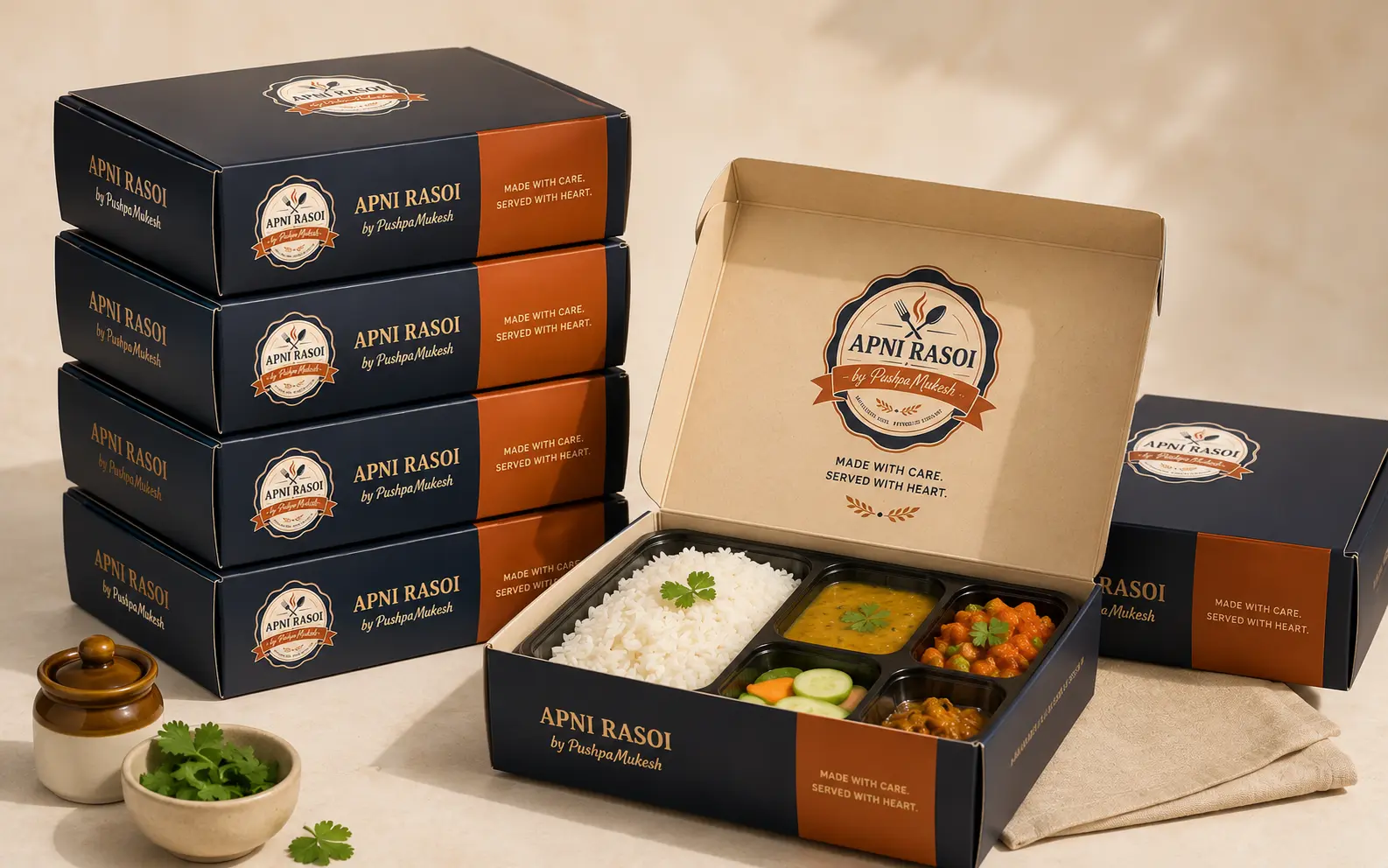 Packed tiffins with fresh Indian meals